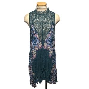 Free People Teal and Blue Lace Floral Pattern Dress Size Medium